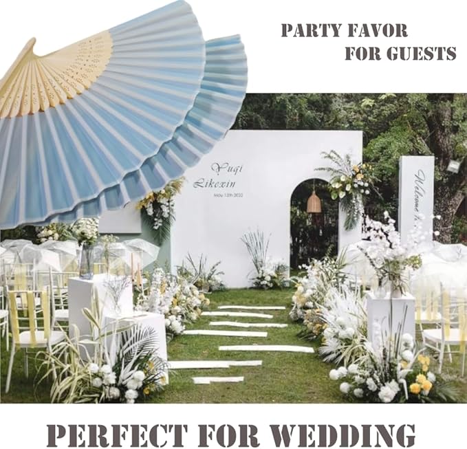 20 Pcs Personalized Light Blue Folding Hand Fans, Summer Wedding Fans, Personal Handheld Folding Fans Wedding Favors, Custom Imitated Silk-Bamboo Fans for Guests