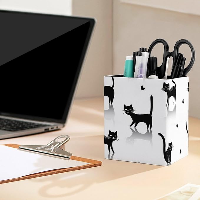 Pencil Pen Holder Cup, Desk Accessories Holder Black Cats White, Makeup Brush - Image 5