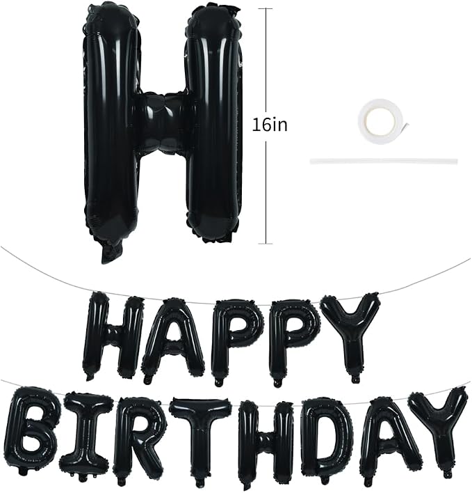 TONIFUL 16 Inch Black Happy Birthday Balloons Banner Decorations - Image 2