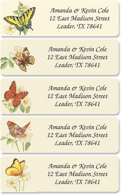 Butterflies Rolled Personalized Return Address Mailing Labels with Dispenser, Set of 500, 5 Designs, Small ¾ x 2½ Inch Size, Custom Self-Adhesive Sticker Roll, by Colorful Images