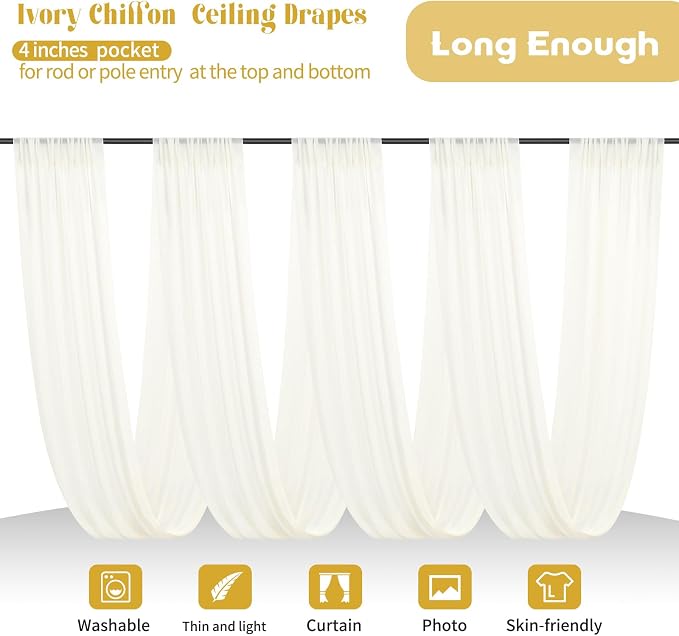 4 Panels Ivory Ceiling Drapes for Wedding 5ftx10ft Arch Draping Fabric Sheer - Image 3