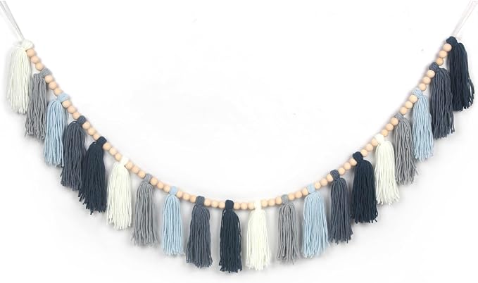 Dusty Blue Yarn Tassel Garland Wall Hanging Decor Coastal Boho Tassels Bunting by WelcometoTasuwat