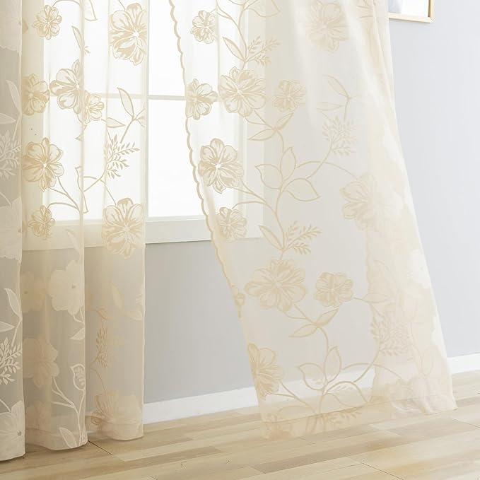 Beige Lace Sheer Curtains for Bedroom Living Room 95 Inch Length Light - Image 8