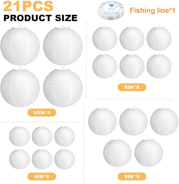 21Pcs White Paper Lanterns, 4-10in Hanging Decor - Image 2