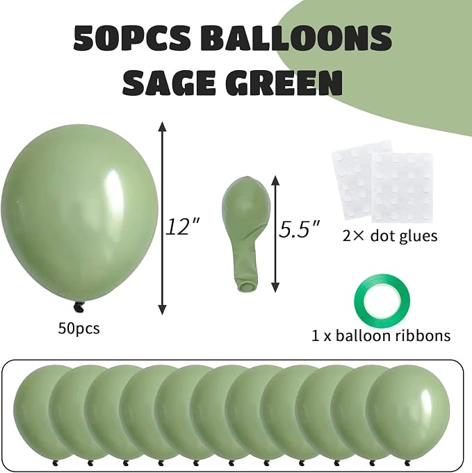 50pcs Sage Green Balloons 12 Inch, Matte Olive Eucalyptus Green Latex Balloon - Image 2