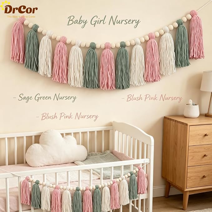DrCor Pink & Sage Green Tassel Garland – Classroom Decor | Pastel boho wall - Image 8