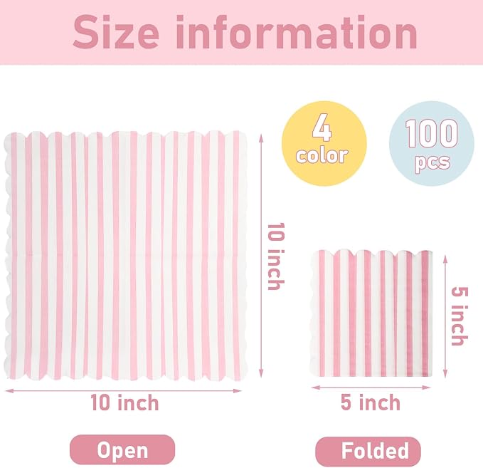 Tenceur 100 Pack Scalloped Pastel Napkins Mixed Stripe Ice Cream 5 x 5 Inch - Image 2