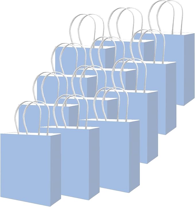qiqee 50-Packs Light Blue Paper Gift Bags with Handles Bulk 13"x10.3"x4.6" Large Size Party Favor Bags Multiple Uses