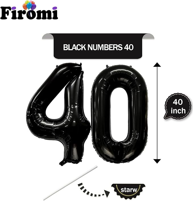 FIROMI 40 Number Balloons Black Big Foil Mylar 40th Balloon Numbers 40-inch | - Image 2