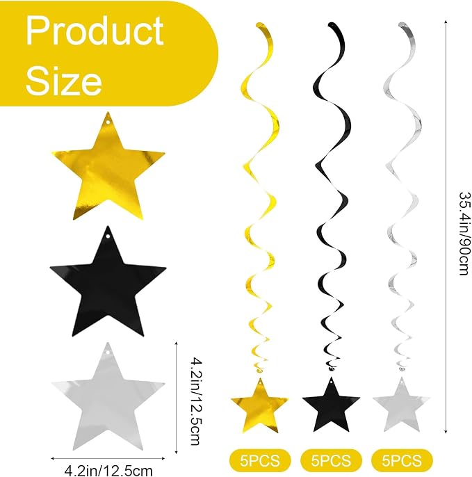 Silver Gold Black Star Hanging Swirl Decorations Ceiling Swirl Foil Decoration - Image 2