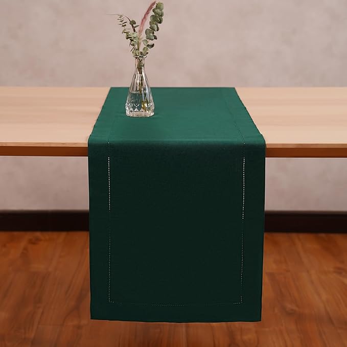 Cotton Linen Green Table Runner 14 x 36 Inches – Hemstitch Coffee Table Runner 14 x 36 Inch – Washable Fabric Scarf Ideal for Thanksgiving, Christmas, Winter Decoration – Serena