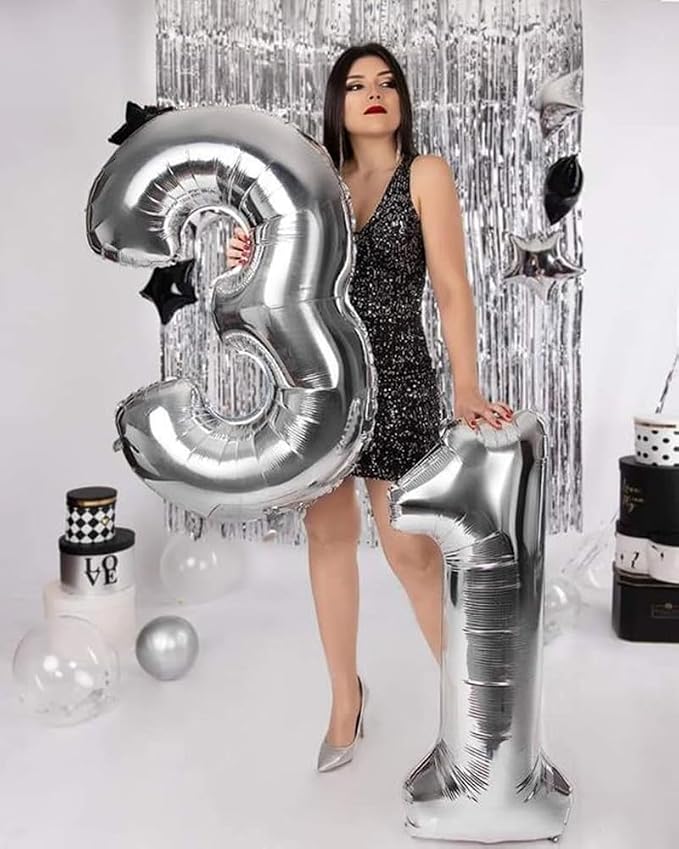 3 Balloon Numbers Birthday Decorations, 40In Silver Balloons - Image 3