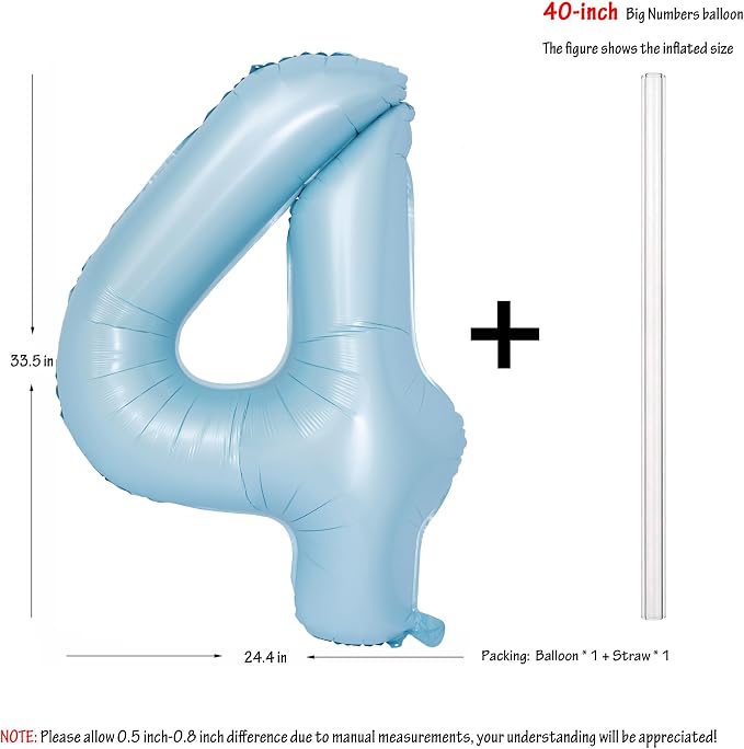 40 Inch Blue Number 4 Foil Balloon Light Blue Digital 4 Helium Balloon | - Image 2