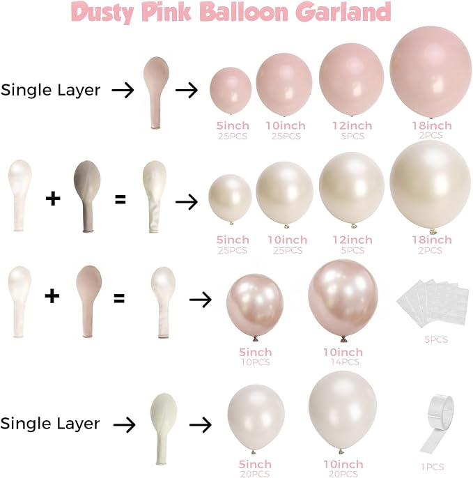 Boho Dusty Pink Balloon Arch Garland Kit 153pcs, Double Stuffed White Pearl - Image 2