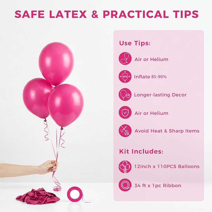 LOVESTOWN 110 PCS Hot Pink Balloons, 12 Inch Bright Hot Pink Latex | Birthday - Image 7