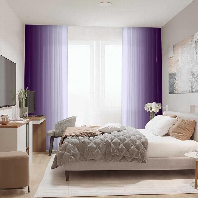 Purple Curtains 96 Inch Length for Living Room 2 Panel Set Purple and Grey - Image 2