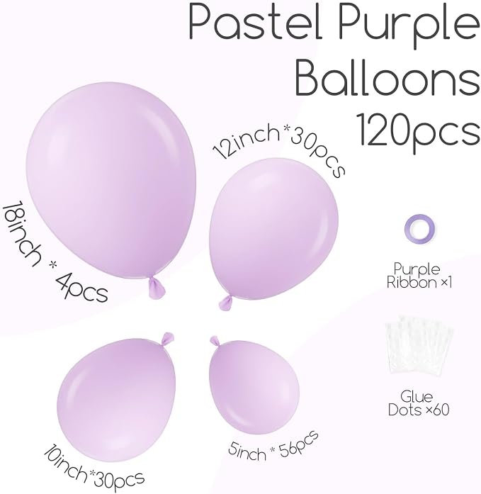 Awenztech 122pcs Pastel Purple Balloons, 18 12 10 5 inch Light Purple Balloons - Image 2