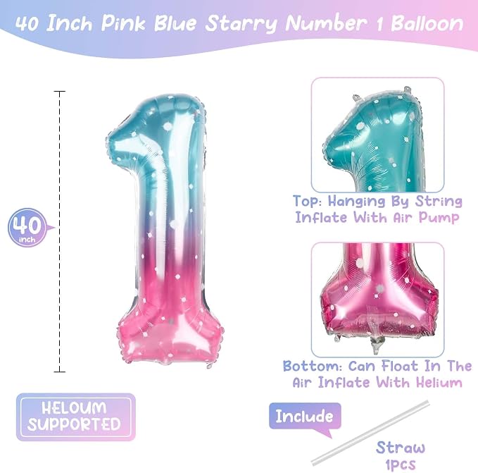 40 Inch Pink Blue Number 1 Balloon, Large Gradient Pink Blue Mylar Foil Number - Image 4