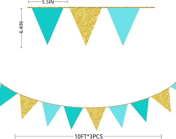 Teal Aqua Blue and Gold Party Decorations Pennant Banner Flag Hanging Glitter - Image 2