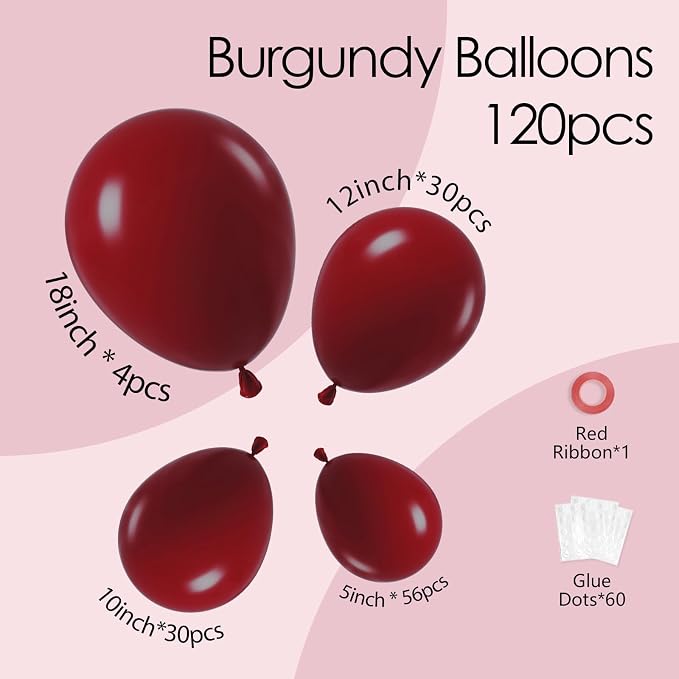 Awenztech 122pcs Burgundy Balloons, 18 12 10 5 inch Maroon Balloons Different - Image 2
