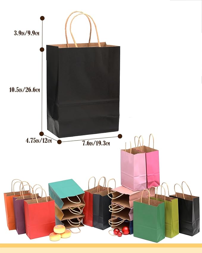 qiqee 200Pcs Paper Gift Bags with Handles - 10.6"x8.3"x4.3" Medium Party Favor Bags Multiple Uses - 16 Solid Colors