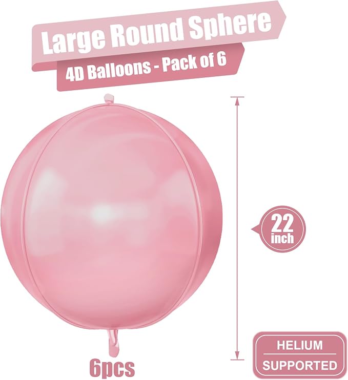 6Pcs Baby Pink Round Foil Balloons, 22inch Large 4D Helium Light Pink Mylar - Image 2