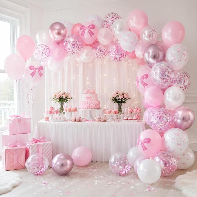 Pink Bow Balloons, Bow Printed Balloon Metallic Confetti Balloon - Image 6