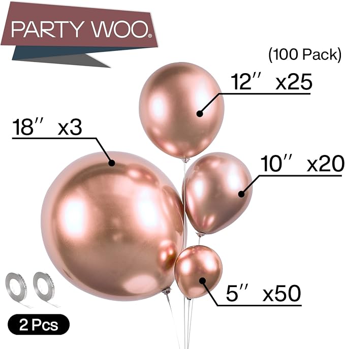 PartyWoo Metallic Rose Gold Balloons 100pcs Latex Balloons Different Sizes | 18 - Image 2