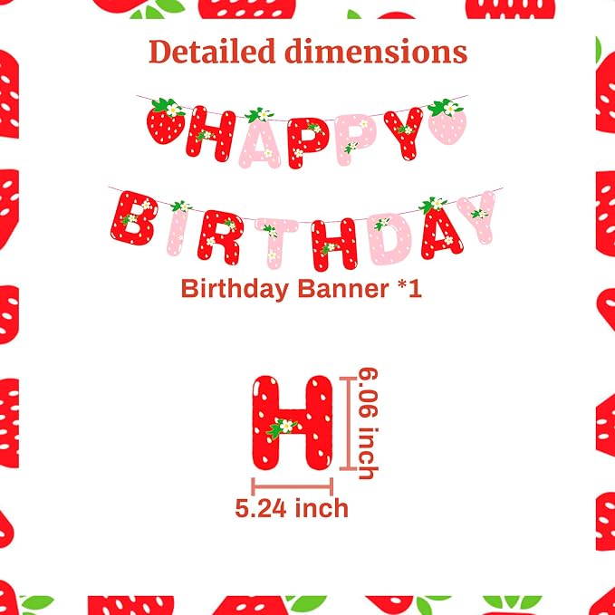 MEETINGU Strawberry Happy Birthday Banner, Berry Sweet Girl Party Decoration - Image 2