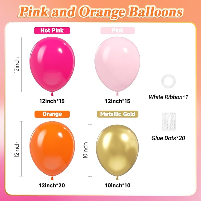 60pcs Pink and Orange Balloons 12inch, Metallic Gold Hot Pink Orange Balloons - Image 2