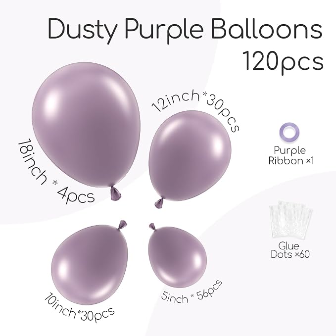 Awenztech 122pcs Dusty Purple Latex Balloons in 18 12 10 5 inches | Boho - Image 3