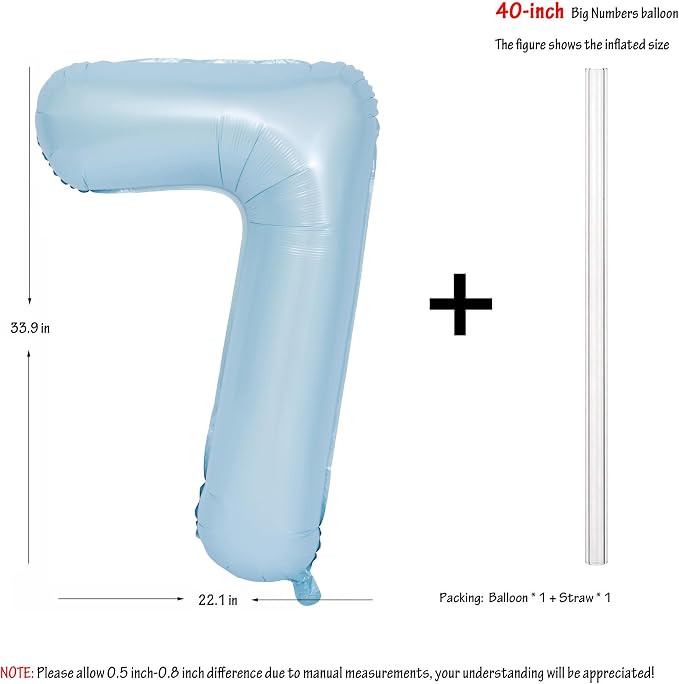 40 Inch Blue Number 7 Foil Balloon Light Blue Digital 7 Helium Balloon | - Image 2