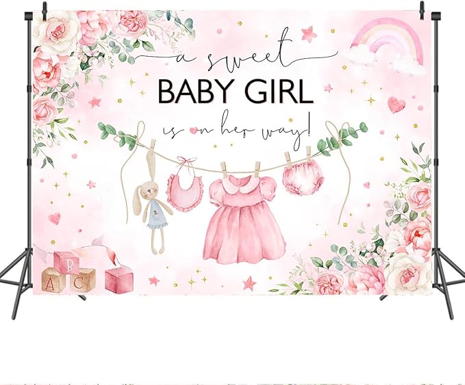 Mocsicka Sweet Baby Girl Baby Shower Backdrop Princess Pink Greenery Party - Image 2