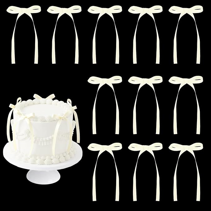 30 Pack Ivory Bow Cake Toppers, Ribbon Bows by NatNarr