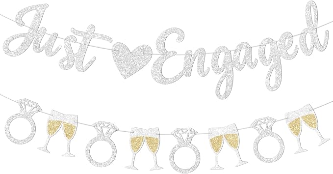Silver Just Engaged Banner Prestrung Engagement Party Decorations Happy by Blopee