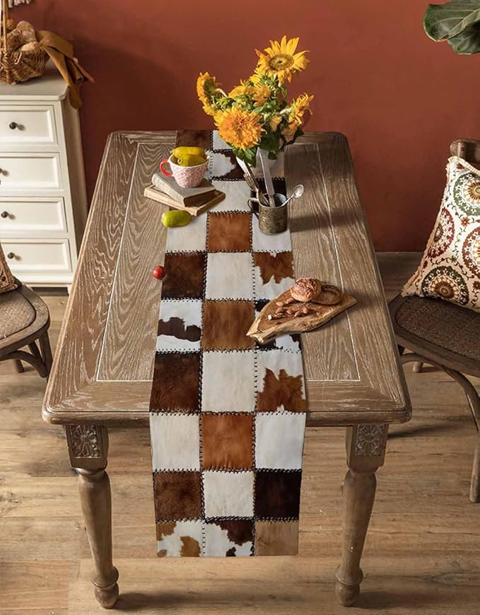 Abstract Cowhides Cotton Linen Table Runner for Dining Kitchen, Wedding Outdoor Party Tablerunners Decoration, Brown Beige Animal Fur Texture Dresser Scarf Coffee Tablecloth Runners 13x108 Inches