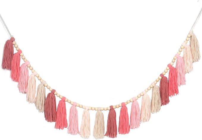 Pink Yarn Tassel Garland Boho Preppy Wall Hanging Decor Bunting Banner Tassels by WelcometoTasuwat