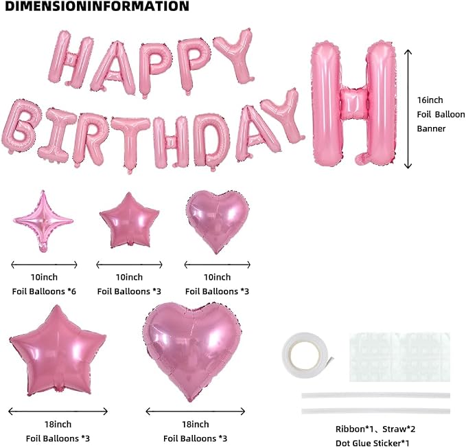 TONIFUL 35Pcs Pink Birthday Decorations Kit 16 Inch Happy Birthday Balloon | 16 - Image 2