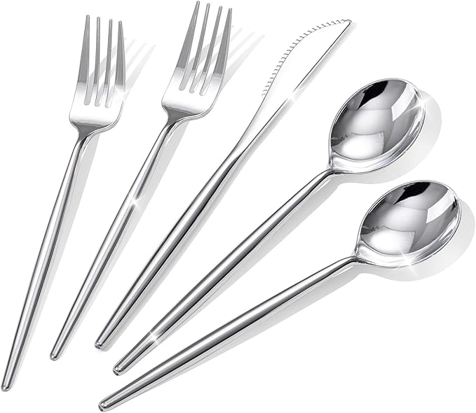 Rubtlamp 90Pcs Silver Plastic Silverware, Silver Plastic Utensils, Plastic Cutlery Include 30 Knives, 30 Forks and 30 Spoons, Silverware Heavy Duty For Party, Wedding