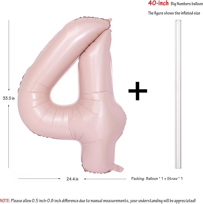 40 In Matte Pink Number Balloons Helium Foil Mylar Balloon Party Digital 4 | - Image 2