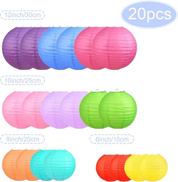LIHAO 20PCS Colorful Paper Lanterns Party Decorations | Sizes 6'' 8'' 10'' 12' - Image 2