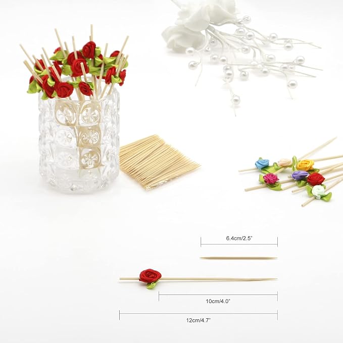 Minisland Red Rose Flower Cocktail Picks, 4.7 Inch Long Bamboo Fancy Toothpicks - Image 2