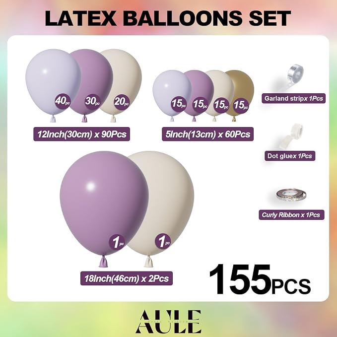 AULE 155Pcs Dusty Purple Balloon Arch Kit Sand White Gold Balloons | Macaron - Image 2