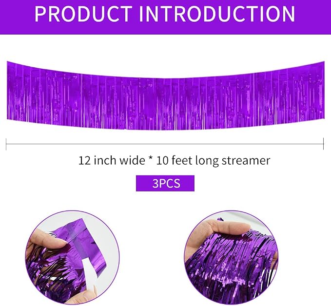 BEISHIDA Purple Fringe Garland Banner 3Pack 30ft Wall Tinsel Foil Streamers | - Image 2