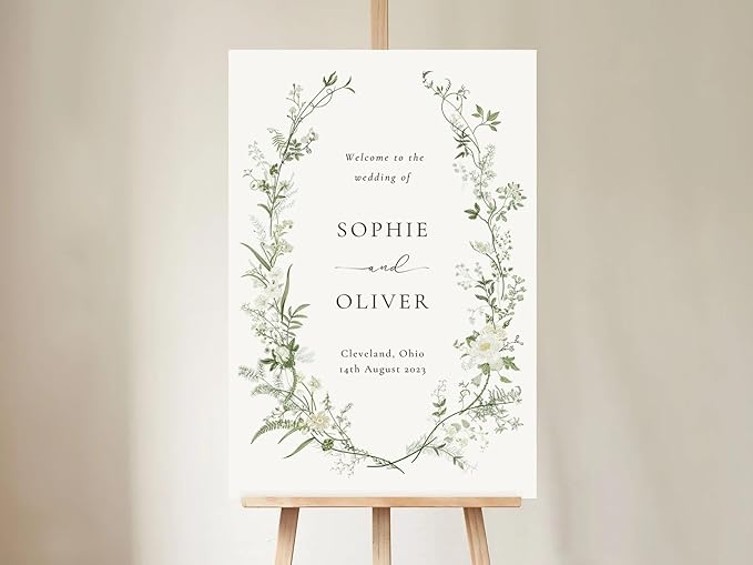 Welcome Wedding Sign Personalized, White And Green Floral Wedding Sign Decorations Signage 12" X 18" (Small), 27" (Medium), 36" (Large), Plastic, Modern, Pole Mount, Weather