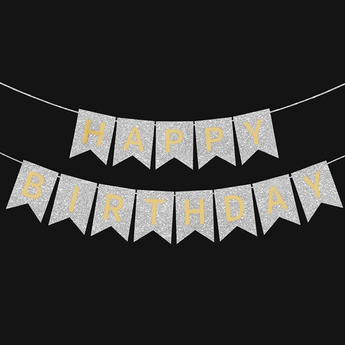 Silver Happy Birthday Banner - 16 ft Pre-Strung Gold & Silver Birthday Party by ZgimiPartyHome