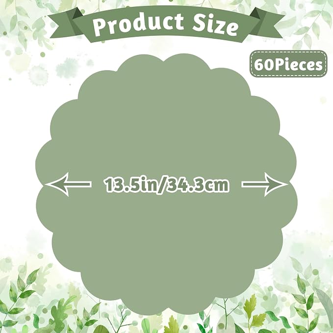 NatNarr 60 Pcs Sage Green Scalloped Paper Placemats, 13.5 Inch | Disposable - Image 2