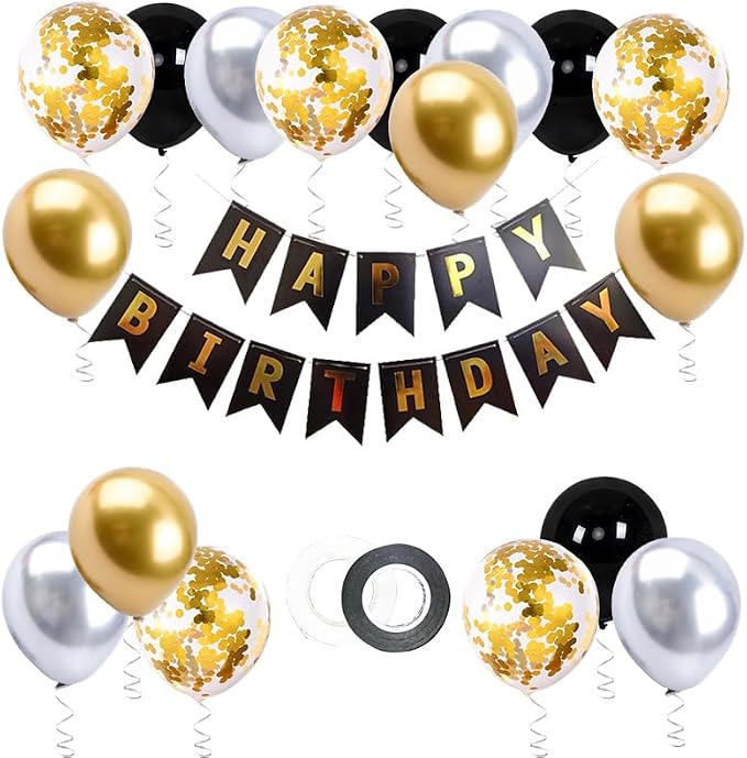 Black Gold Happy Birthday Banner Confetti Latex Balloon by BIEUFBJI