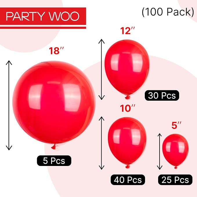 PartyWoo Red Balloons 100 pcs Different Sizes of 18 12 10 5 Inch Red Balloon - Image 6