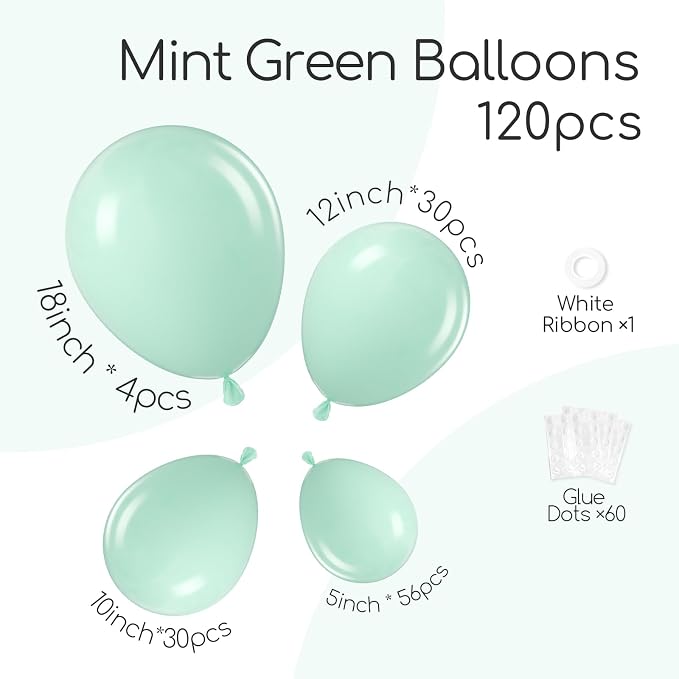 Awenztech 122pcs Mint Green Balloons, 18 12 10 5 inch Mint Green Latex Balloons - Image 2
